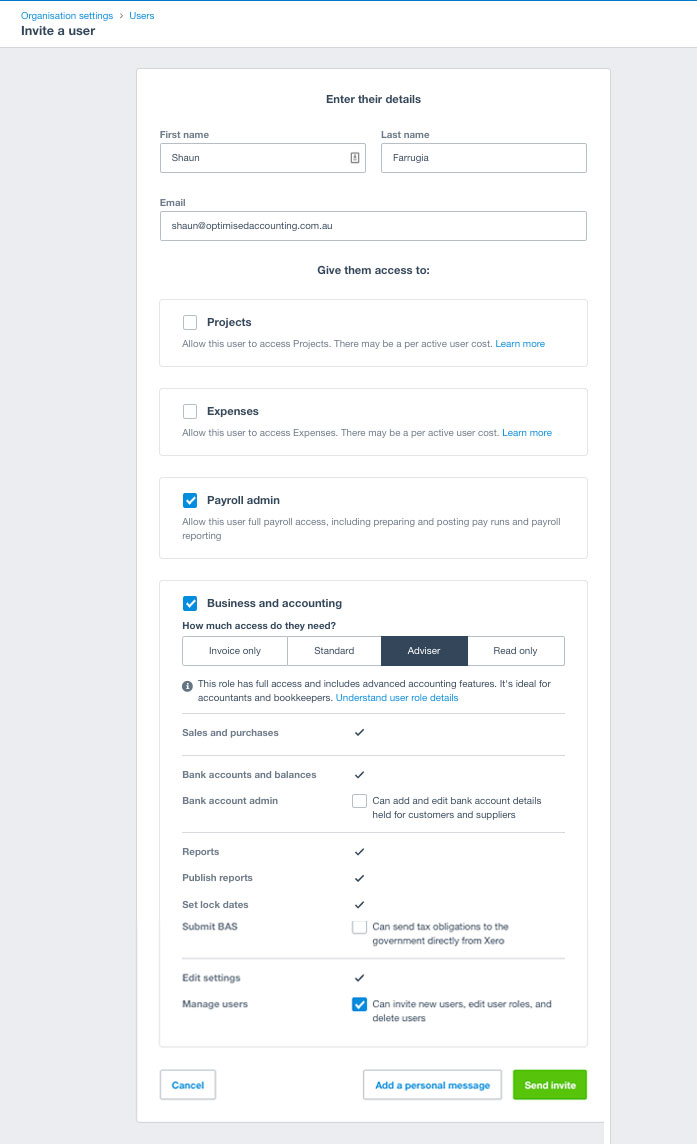 Adding a user into your Xero file