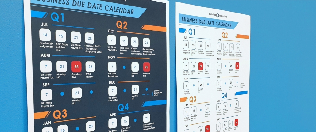 Photo of printed BAS due dates 2023 calendar, coloured in blues and orange